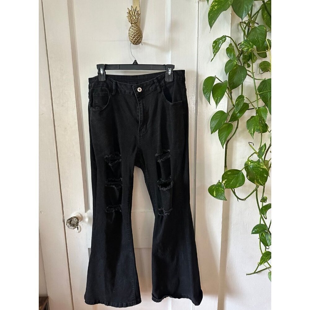 SHEIN jeans women’s size large black distressed bell bottom jeans